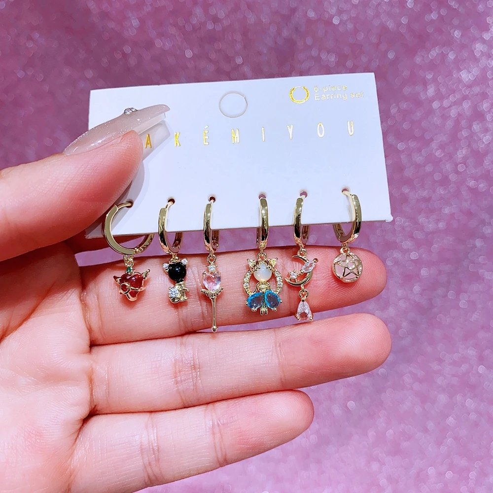 MIGGA 6pcs Mix Design Anime Cartoon Dangle Earrings Set Gold Color Cubic Zircon Women Girls Gift Jewelry 3