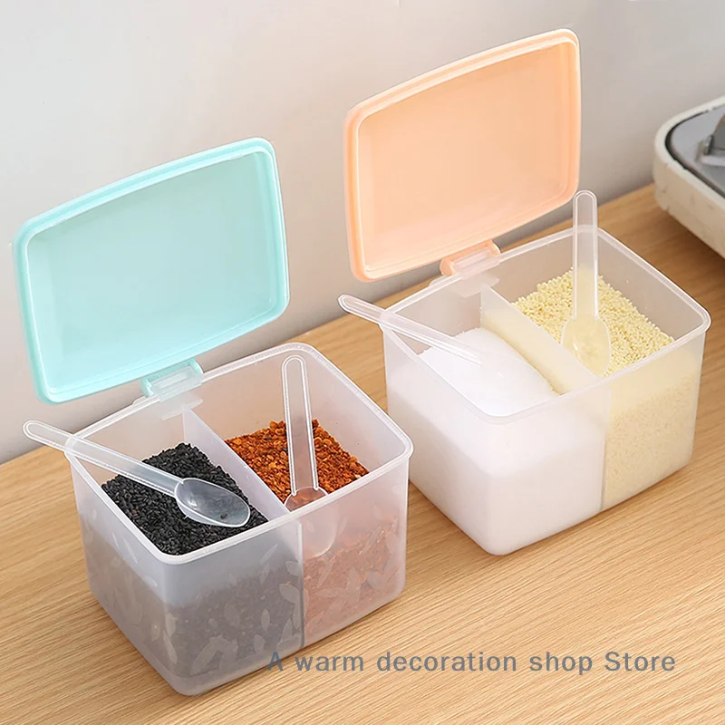 2 Grids Seasoning Box Transparent Lid Salt Pepper Seasoning Jar Household Sugar Condiments Storage Container Kitchen Gadgets