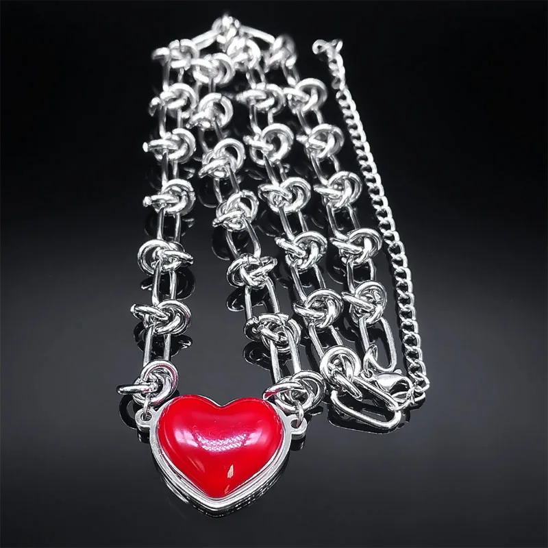 Punk Love Red Heart Pendant Necklace for Women Kpop Stainless Steel Hip Hop Fashion Party Aesthetic Necklace Jewelry Set Gifts