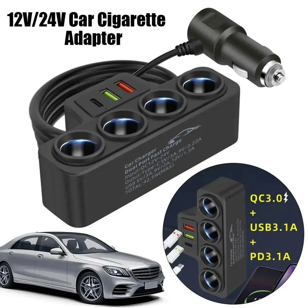 

12V/24V Car Cigarette Lighter Adapter New 4-Socket USB+QC3.0+PD3.1A USB Car 3.1A Accessories 120W Charger Port Charger USB J0T5