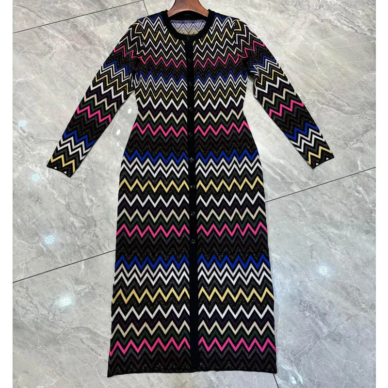 

11.21 Women Temperament Fashion Colorful Zigzag Pattern O-Neck Single Breasted Long Sleeve Slim Knit Cardigan Dress Lady