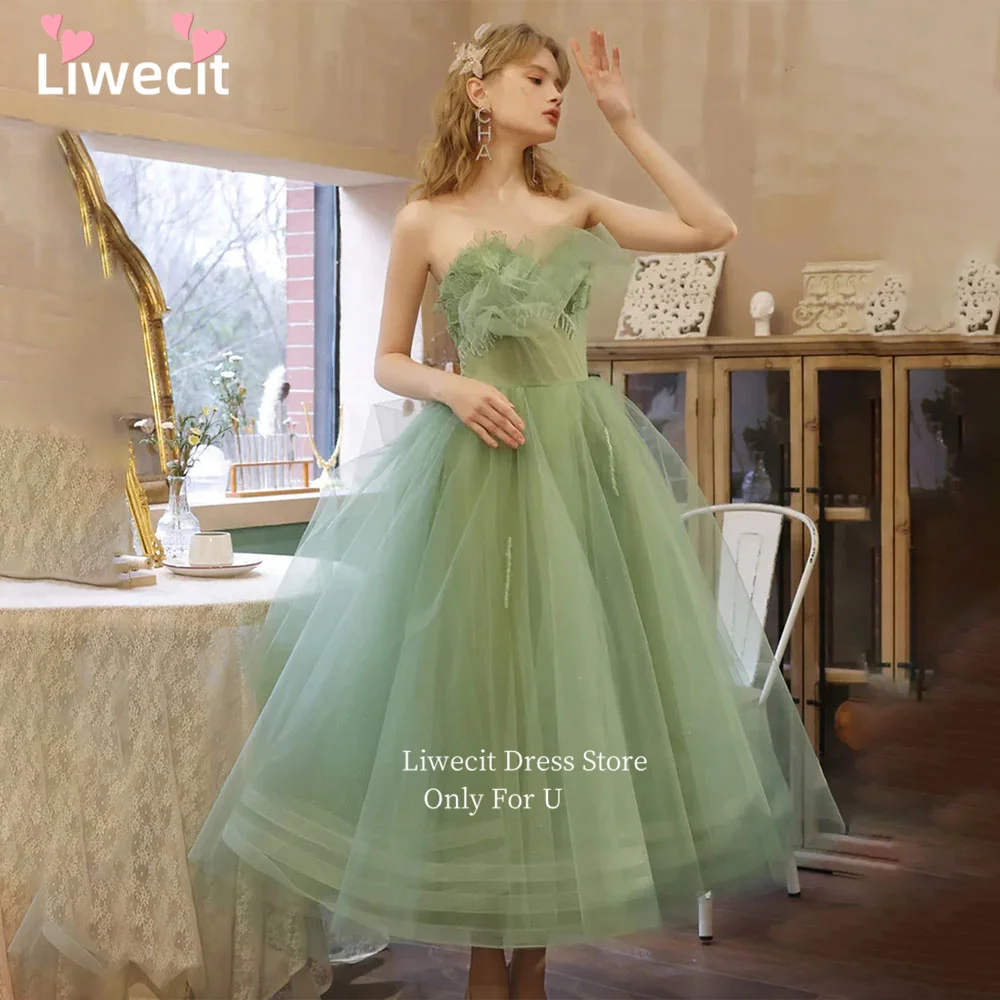 

Liwecit Strapless Tea Length Prom Dresses Ruffled Tulle Sleeveless Corset Homecoming Dresses vestidos de fiesta فساتين السهرة