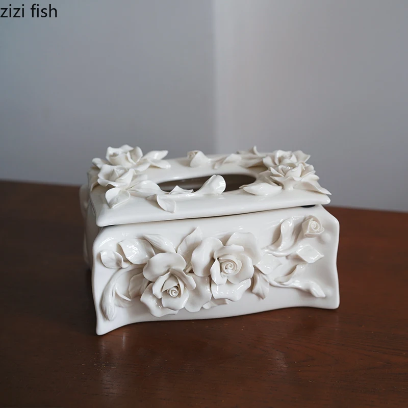 Hand Pinch Roses Ceramic Tissue Box Handmade Flower Paper Box Napkin Boxes Decoration Craft Paper Storage Boxes Tissue Organizer 2