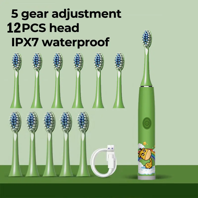 Kids Cartoon Electric Toothbrush with Replacement Head - Waterproof Rechargeable Sonic Technology