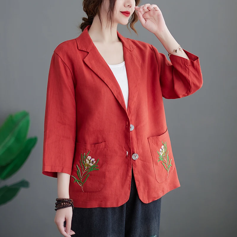 QOERLIN M-XXL Linen Oversize Blazer Office Fashion Embroidered Floral Jacket Pocket Single-Breasted Notched Collar Suit Coat
