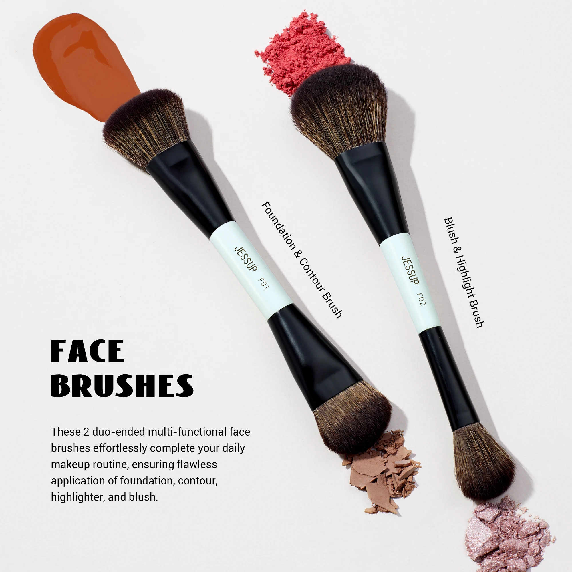 Jessup Makeup Brush Set Double Sided Makeup Brushes Foundation Contour Blush Blending Eyebrow Shadow,Fiber Bright Cyan T501 4