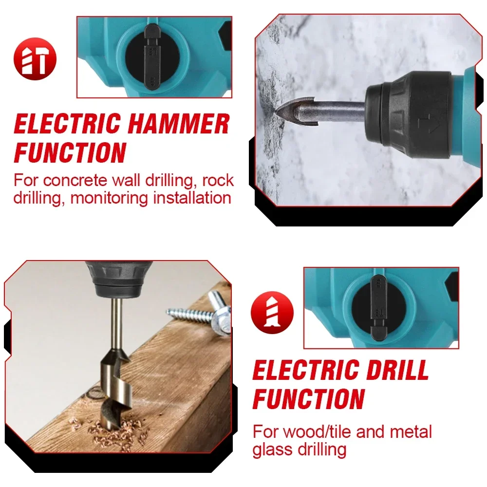 1000W 8600IMP Electric Hammer Rechargeable Cordless Multifunction Rotary Hammer Impact Drill Power Tool for Makita 18V Battery 5