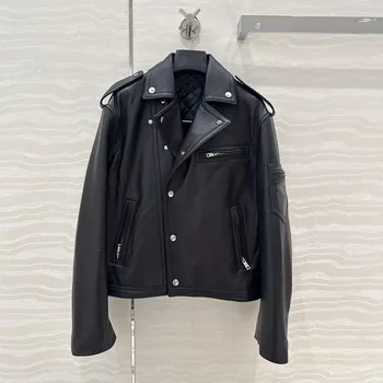 Vintage Streetwear 100% Sheepskin Leather Black Coat Women Handsome Shoulder Patch Cotton Liner Motorcycle Jacket 2025 New 1