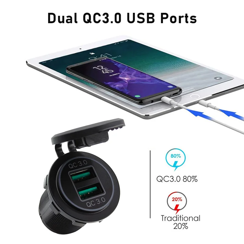 Dual USB Charger Socket with Quick Charge 3.0 - High-Speed, Waterproof Power Outlet for Vehicles & Watercraft