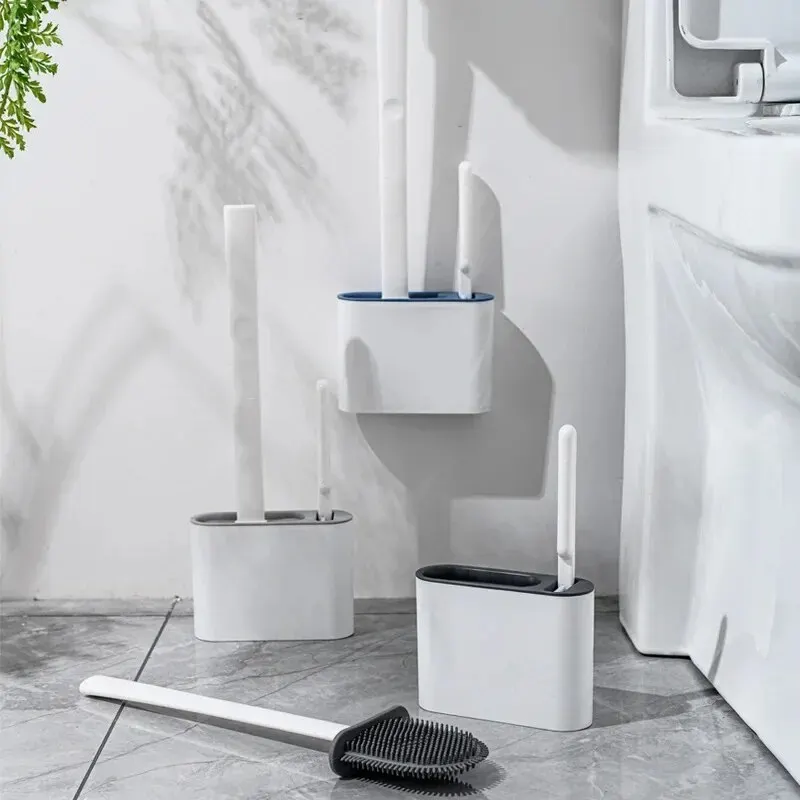 Bathroom Accessories Toilet Brush Holder Wall Hanging Toilet Cleaning WC Brush Holder Long Handled Silicone Water Proof Quick Drying Soft Bristles Bathroom Accessories