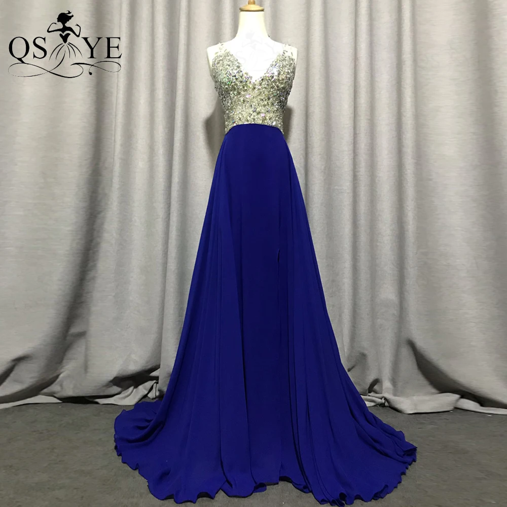 windsor prom dresses Royal Blue Prom Dresses Bead Crystal Chiffon Evening Gown Deep V Neck Party Dress A line Princess Open Back Girl Formal Gown simple prom dresses