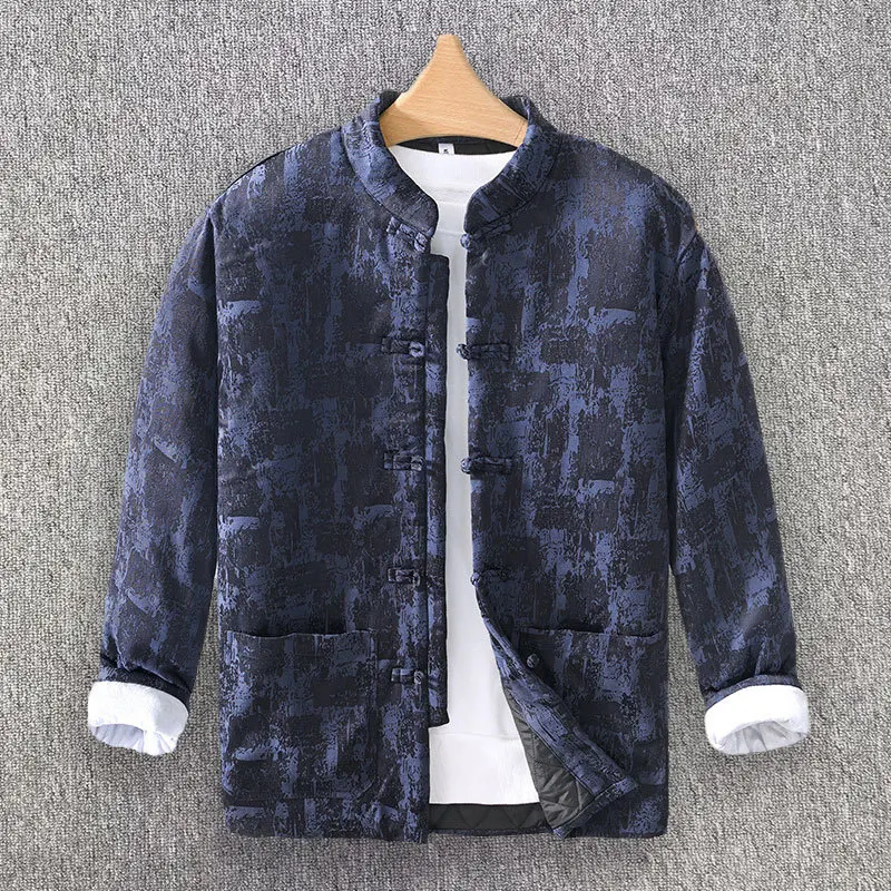 Japanese Retro Men's Button Up Casual Warm Cotton Wadded Jacket And Coat Loose Full Print Chinese Stand Collar Padded Coat
