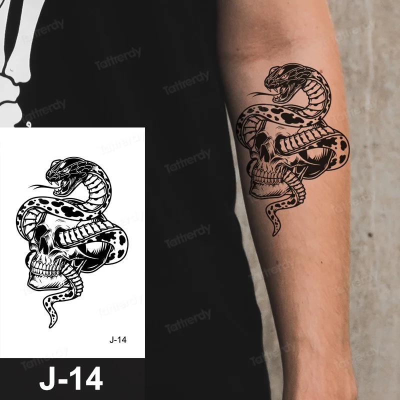 8Pcs/set Snake Fake Tattoo Dark Tide Cool Flower Arm Black Mamba Dead Man Skull Disposable Waterproof Tattoo Stickers Small