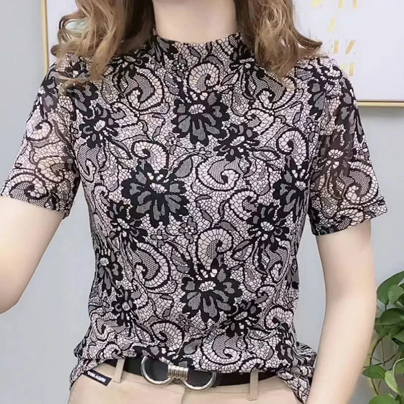 Vintage Printed Spliced Gauze Striped Blouse Women's Clothing 2024 Summer New Oversized Casual Pullovers Loose Commuter Shirt