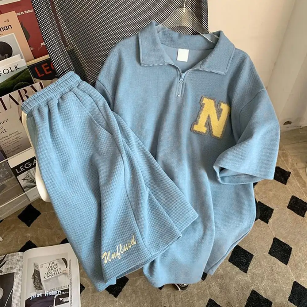 

Спортивный костюм вафельный для мужчин и женщин, свободная рубашка с коротким рукавом, шорты, комплект из двух предметов, повседневная накидка с буквенным принтом, для лета