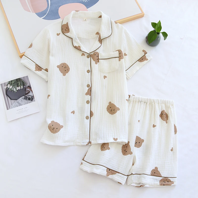 Summer Couple Pure Cotton Bear Love Cute Pajamas Set Sleepwear Female Short-Sleeved Pijama Suit Loungewear Crepe Ladies Pyjama, women pajamas set,women pajama suit,cotton pajamas set