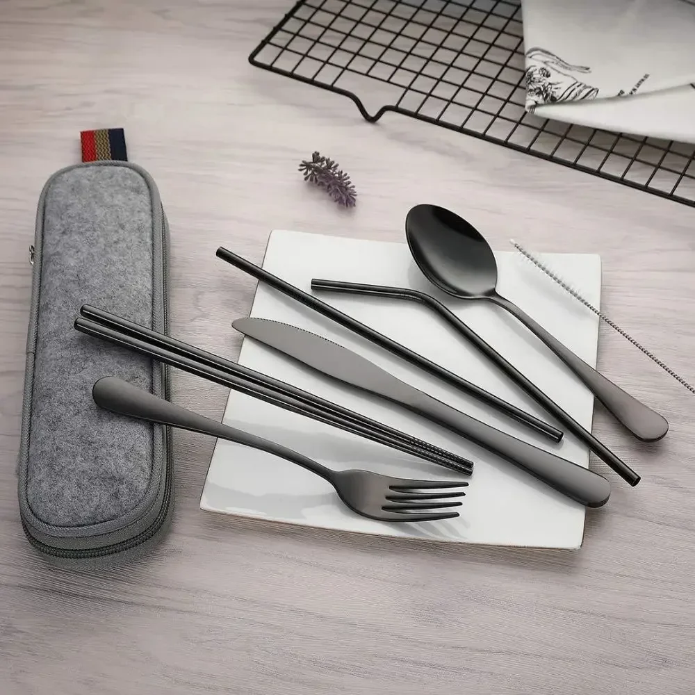 7Pcs/set Creative Knife Fork Spoon Chopsticks Travel Straw Combo Set Stainless Steel Cutlery Portable Reusable
