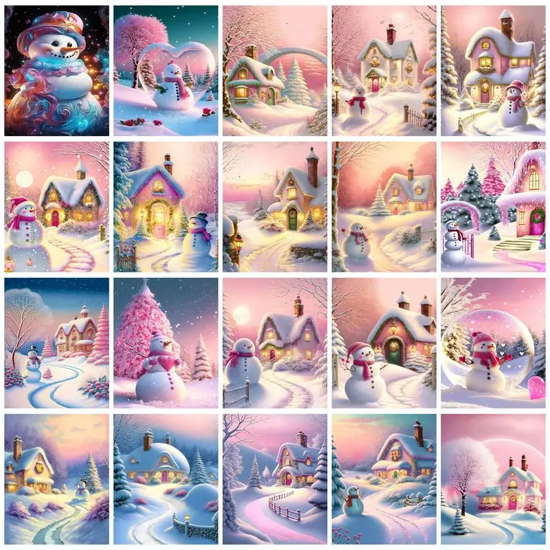 

RUOPOTY Painting By Numbers For Starter Kit Pink Snowy Snowman Picture Paint Landscape Wall art