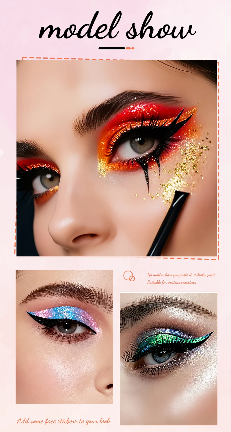 modella con adesivi eyeliner glitter rosso blu verde e rosa per trucco occhi scenografico