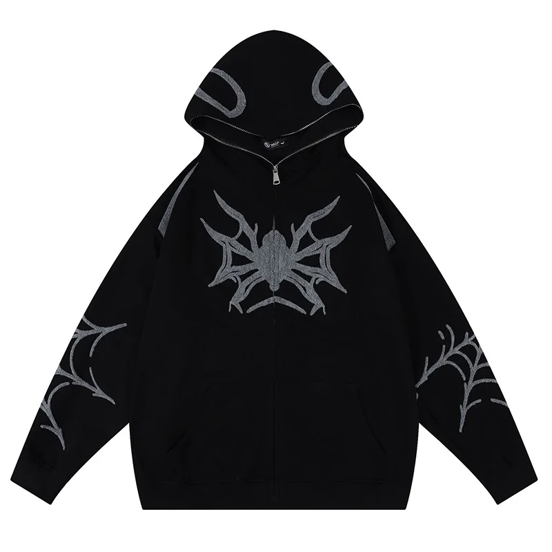 

Spider Embroidery Spring Autumn Sweatshirt Men Harakuju Hip Hop Pullover Hoodies Black White