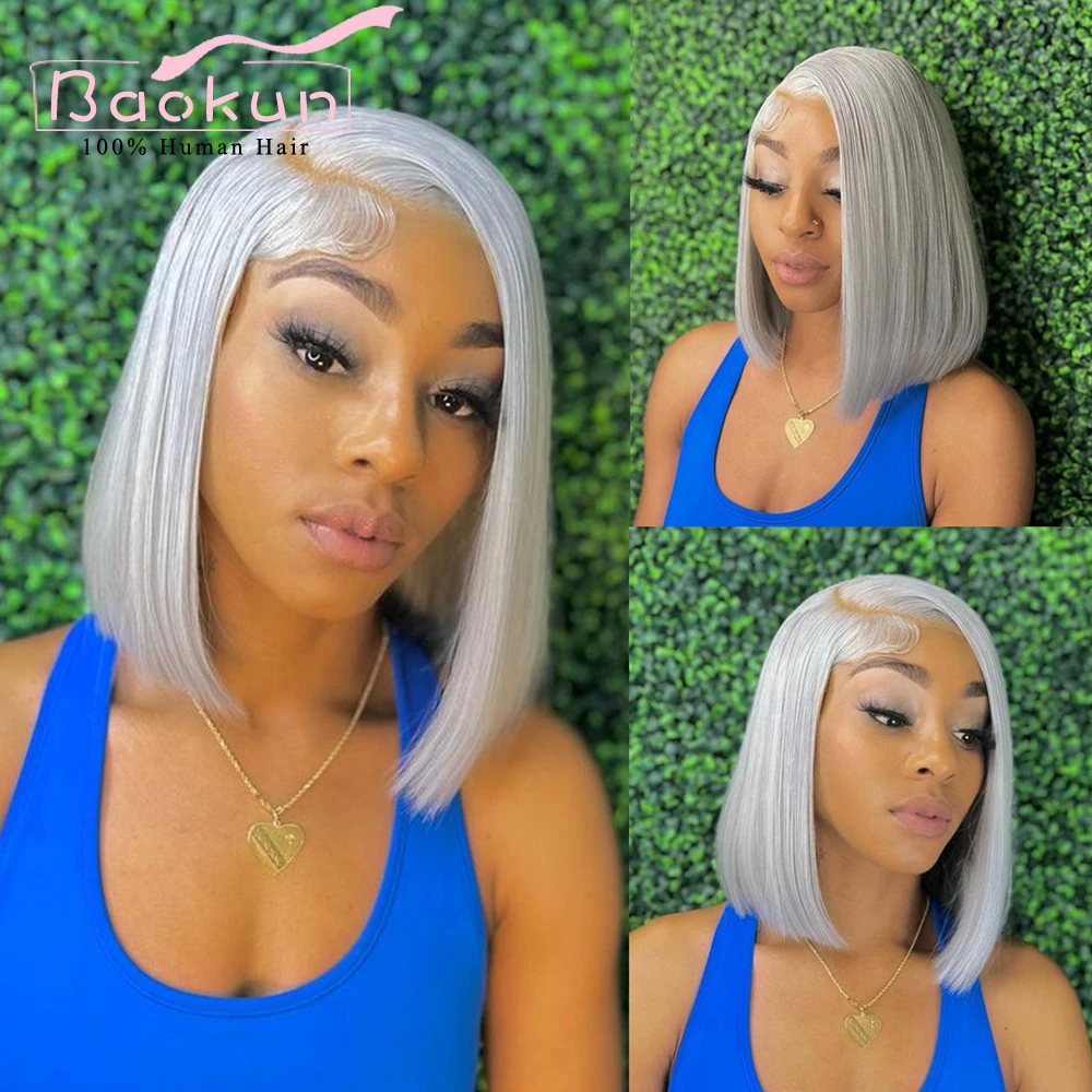 13x4 Grey Bob Wig Lace Front Human Hair Wigs For Women 13x6 HD