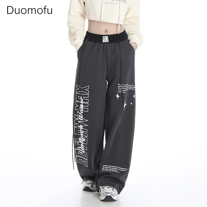 Duomofu Spell Color High Waist Pants Women Fashion Harajuku Drawstring Wide Leg Jogging Trousers Femmes Letter Print Pantalones