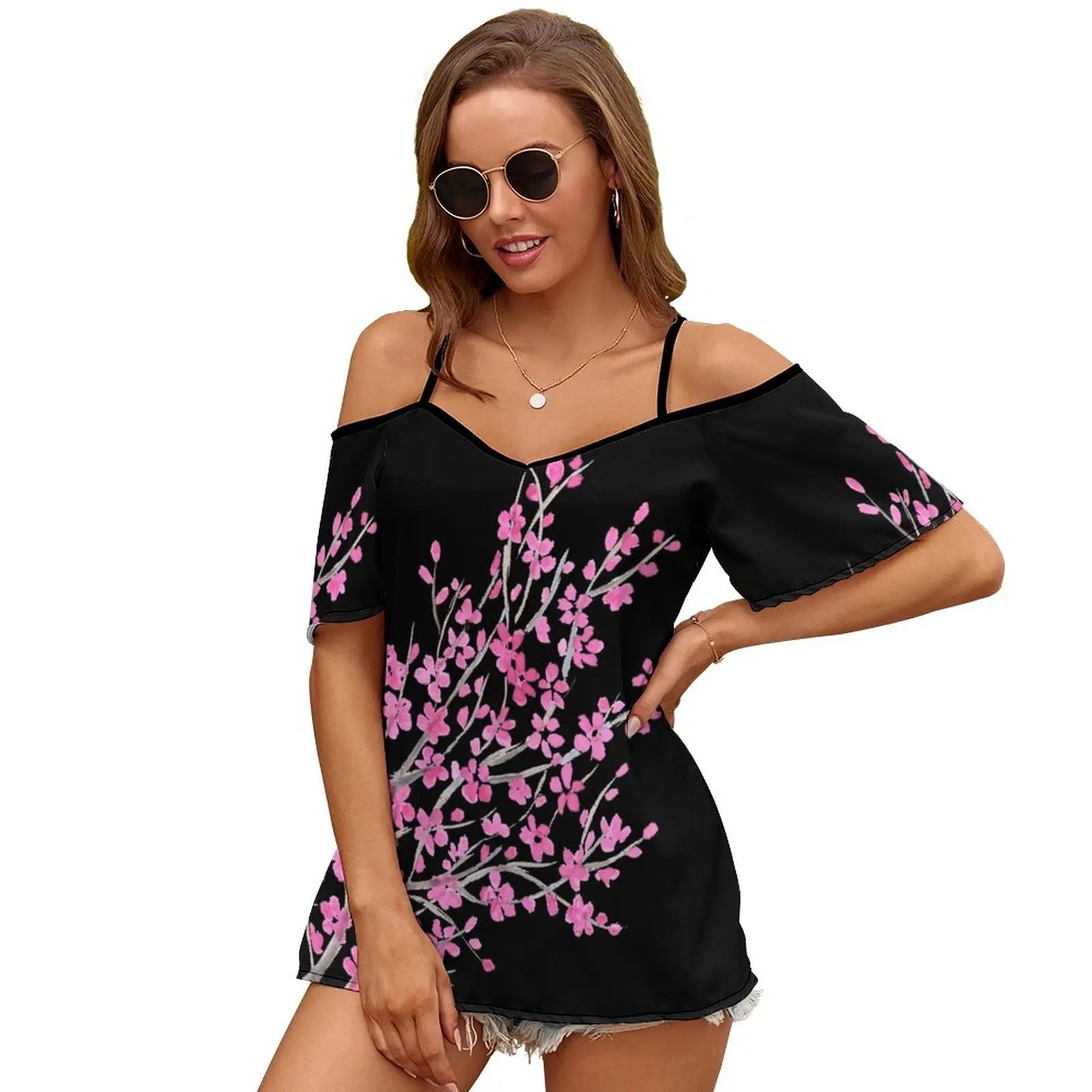 

Sakura Watercolor On Black Background 2429 Women Print T Shirt Casual Off Shoulder Loose Pullover Tops Fashion Clothes Cherry