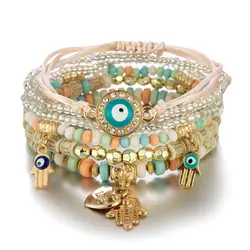 Bohemian Evil Eye & Heart Charm Beaded Bracelet Set - 6 Piece Jewelry Gift Collection (1)