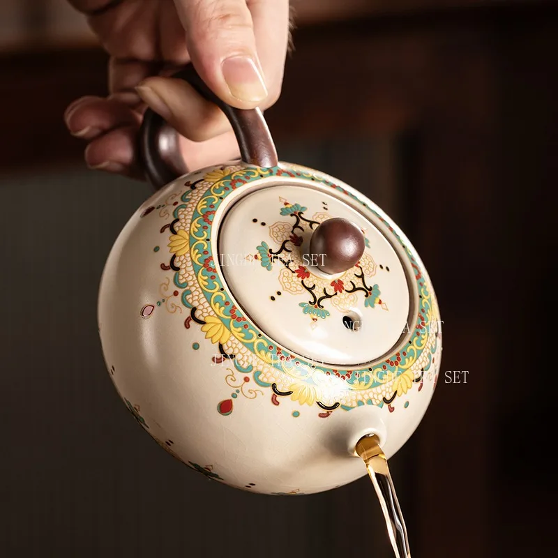 Dunhuang Rice Yellow Ru Kiln Tea Set High End Ceramic Kung Fu Tea Pot and Teacup for Household Use Chinese Tea Set Accessories