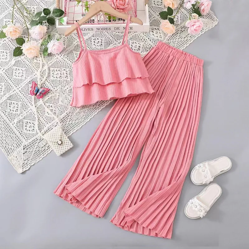 

Girls' Suit, Western Style Suspender, Ruffled Edge Small Shirt, Pleated Long Pants, 2024 Summer Children's Clothing Trend