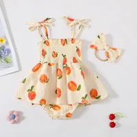 Baby Girl Sweet Peach Print Camisole Triangle Dress with Bow Headpiece Soft and Comfortable 1
