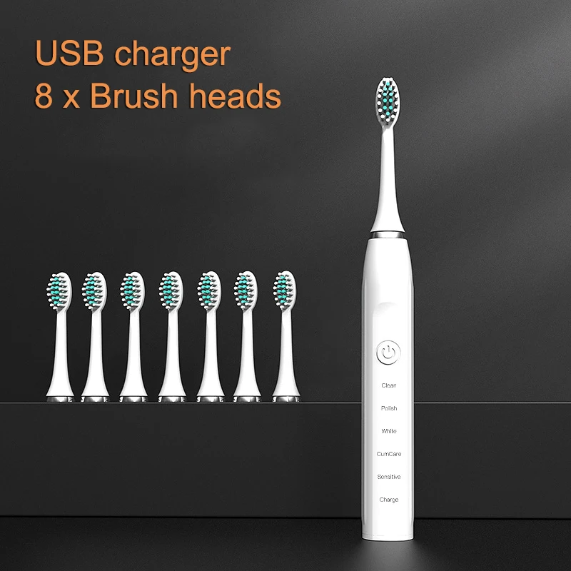 thumbnail image 1 of Cepillo de dientes eléctrico sónico para adultos y niños, ultrasónico, automático, blanqueador, IPX7, resistente al agua, 6 cabezales, 1 of 5