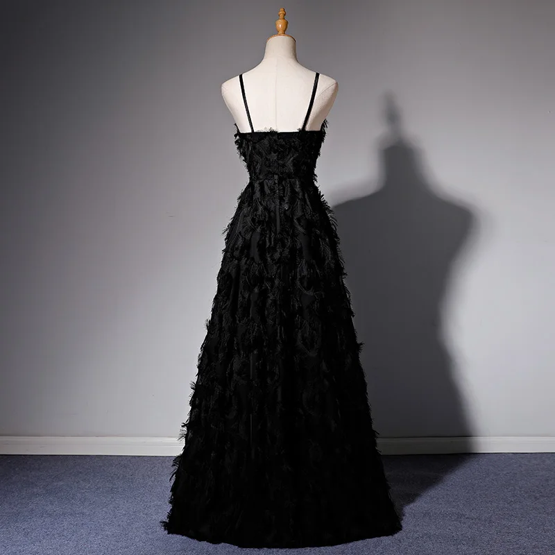 2026 Spring/Summer New Women's V-neck Feather Black Banquet Sexy Evening Dress Fashionable Slimming Strap Long Dress Customize 3