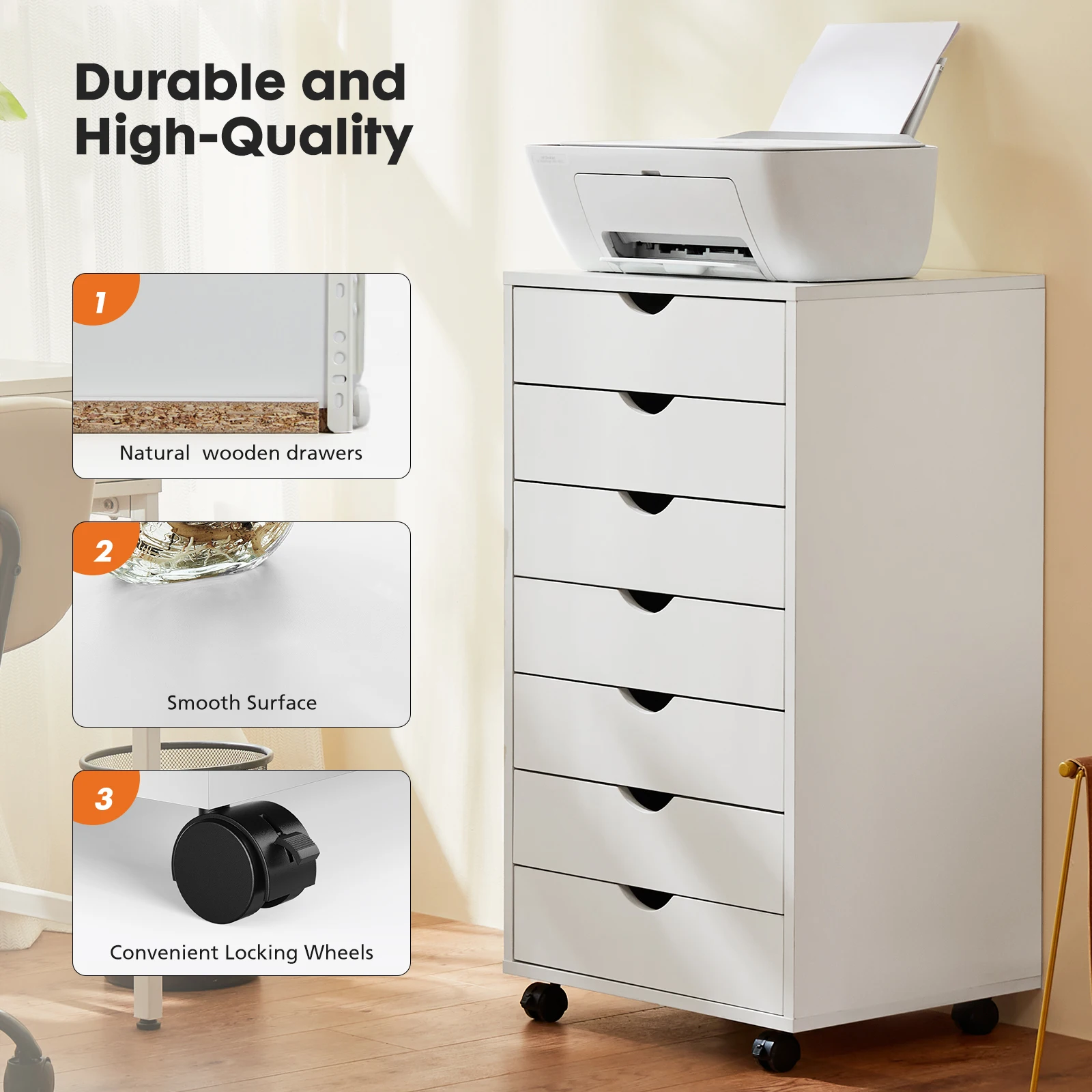 JHK 7 Drawer Chest Dressers Nightstand Storage Cabinet Wooden File Office Mobile Cabinet Wheels Living Room Organizer Rolling 4