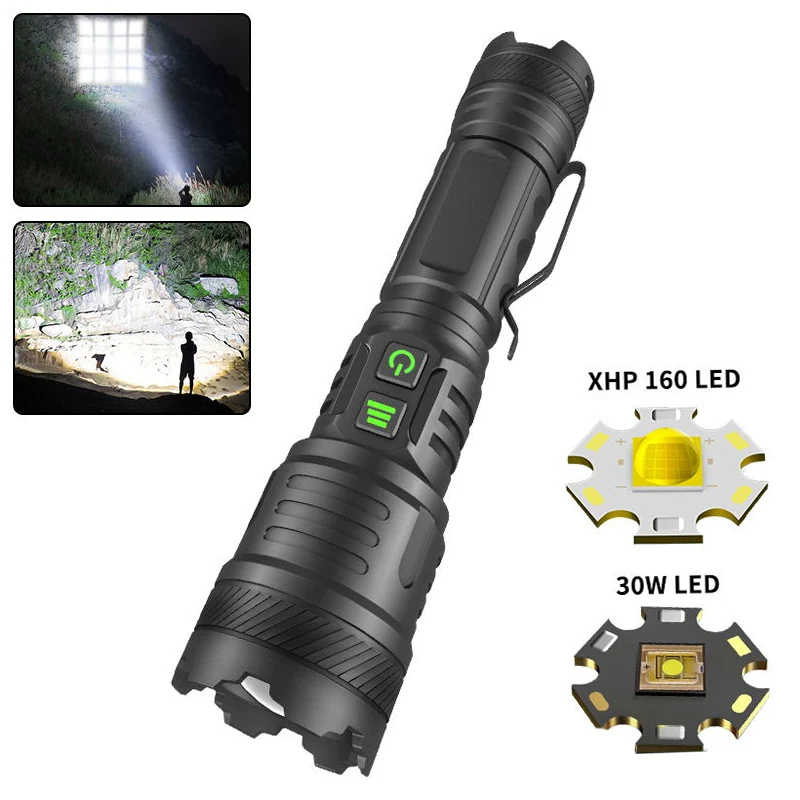 

Super Bright Long Shot 2000m LED Flashlight Rechargeable LED Torch Light XHP160 High Power 30W Flashlight 26650 Tactical Lantern