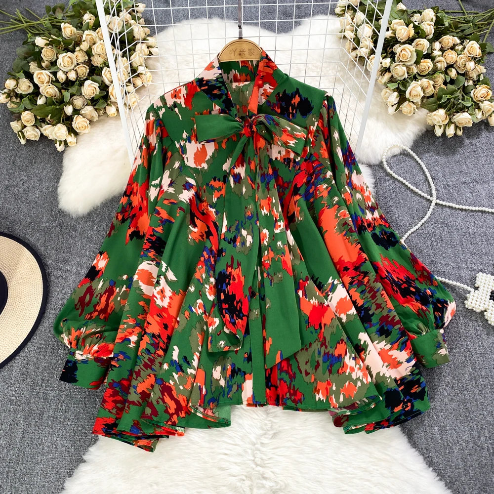 

SuperAen 2023 Весна и Осень Корейская Высококачественная свободная однобортная рубашка с длинными рукавами-фонариками и бантом с принтом Женский Повседневный Топ