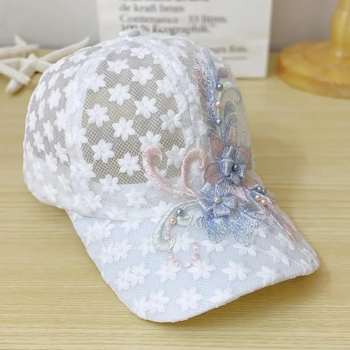 Unisex-Baseballkappen mit Spitzenblumen-Stickerei, atmungsaktiv, verstellbar, lässige Hüte, Frühling und Sommer, Sonnenschutzhut für den Außenbereich – Detail 4