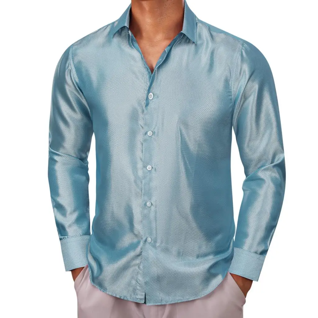 

Luxury Shirts for Men Silk Blue Solid Plain Long Sleeve Slim Fit Male Blouses Casual Lapel Tops Breathable Barry Wang