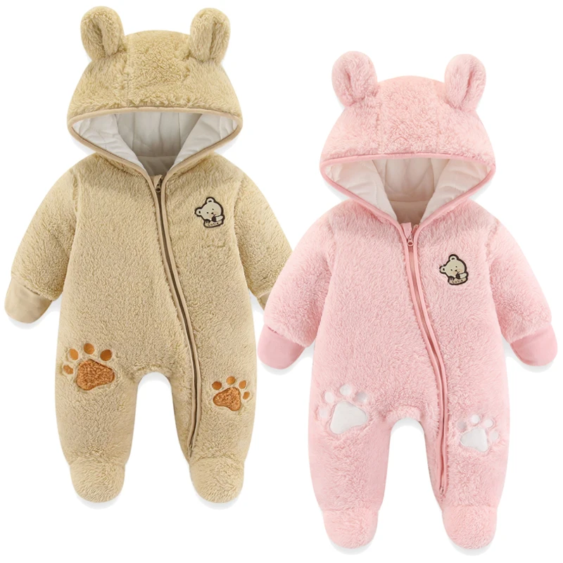 Cute Plush Bear Baby Romper Autumn Winter Keep Warm Hooded Infant Girl Overall Jumpsuit 3 6 9 12 Months Newborn Baby Boy Clothes baby jumpsuit