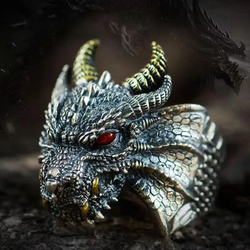 Retro Domineering Ethnic Style Fire-Breathing Dragon Ring Men\\'s Charm Open Ring Punk Motorcycle Rider Jewelry Accessories