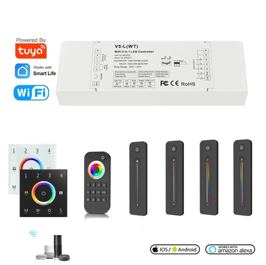 Skydance 5 in1 LED strip Controller WIFI Tu'ya Push Dim RGB,RGBW,RGBCCT,CCT,single color APP Echo Plus Voice Control