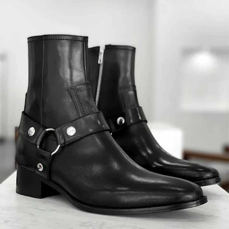 Men's Short Boots Black Genuine Leather Zip Business Low-heeled Handmade Ankle Boots for Men Zapatos Hombre