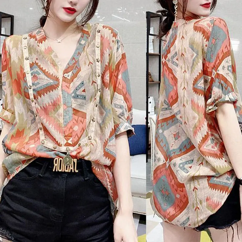 

Stylish Vintage Geometric Printed Shirt Summer Casual Spliced Chic Rivet Women's Clothing Commute V-Neck Button Loose Blouse New