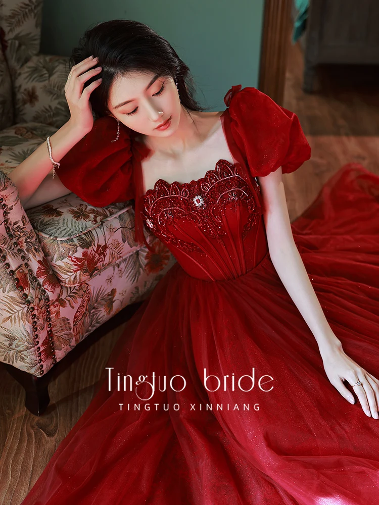 

Burgundy Strapless Evening Dress A-Line Beads Crystal Square Collar Detachable Puff Sleeve Floor-Length Robe De Soiree Prom Gown