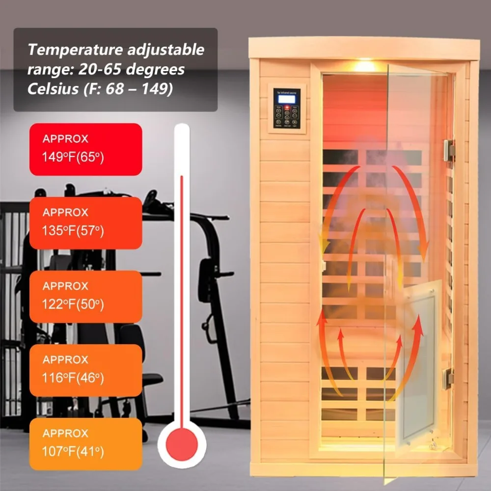 1 Person Low EMF Infrared Sauna, Hemlock Wooden Far Infrared Sauna for Home, 1460W with Bluetooth Speakers, LED Reading Lamp 2
