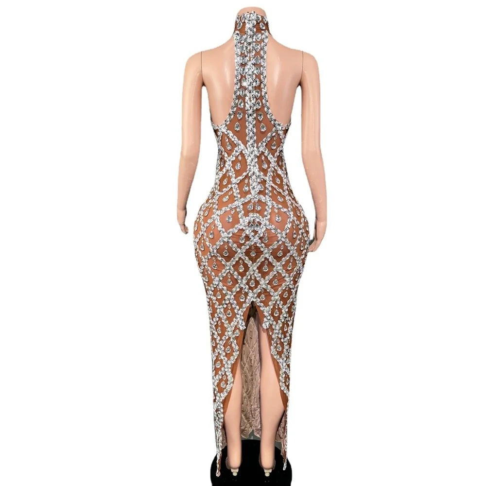 Rhinestones Dress Sparkly Sleeveless Long Elegant Dark Mesh Celebrate Evening Wedding Prom Gown Birthday Dress Photograph Wear rhinestones dress