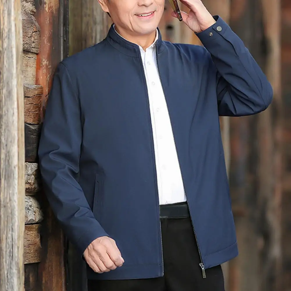 

Men Jacket Stand Collar Smooth Solid Color Zipper Closure Cardigan Long Sleeve Mid Length Windproof Pockets Thin Father Coat