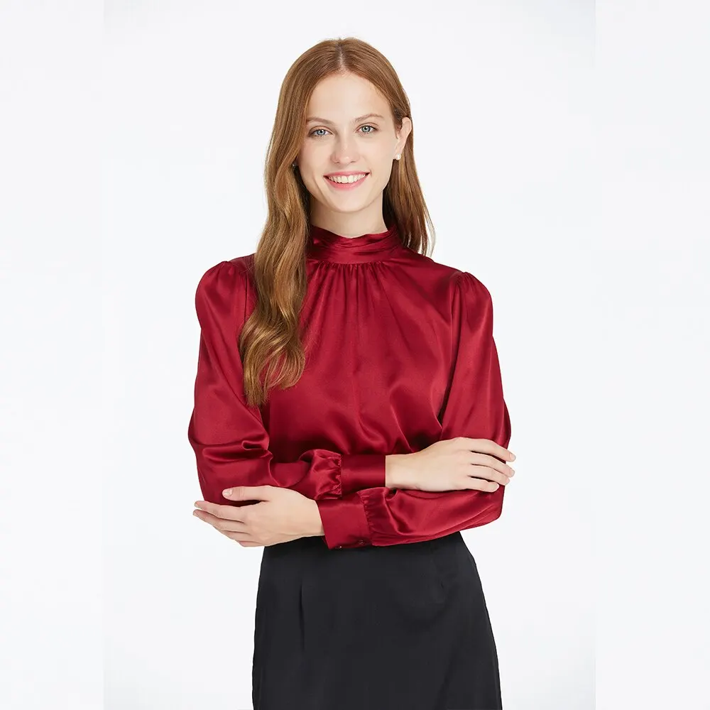 

Retro Style Real Silk Long Sleeve Blouse Women Elegant 19 Momme Summer Solid Shirts Office Ladies Fashion Temperament Tops