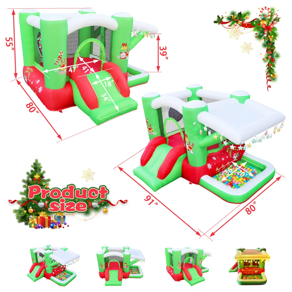 Christmas Jump 'n Slide Inflatable Bouncer for Kids Complete Setup with Blower-80" x 91" Play Area-55" Tall