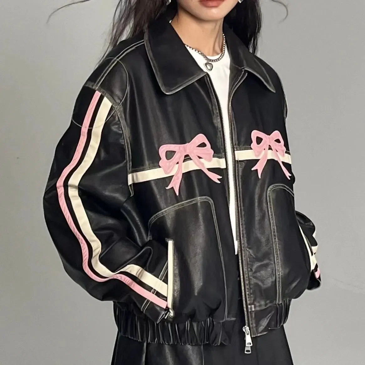 

Pink White Striped Jacket Street WearKorean Version Y2k Clothe Fashionable Casual PU Jacket Sweet Cool Bow Retro Harajuku Women